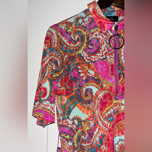MSK Paisley Print Short Sleeve Collar Midi Dress Women L Unique Art To Wear‎ NEW - Picture 4 of 10